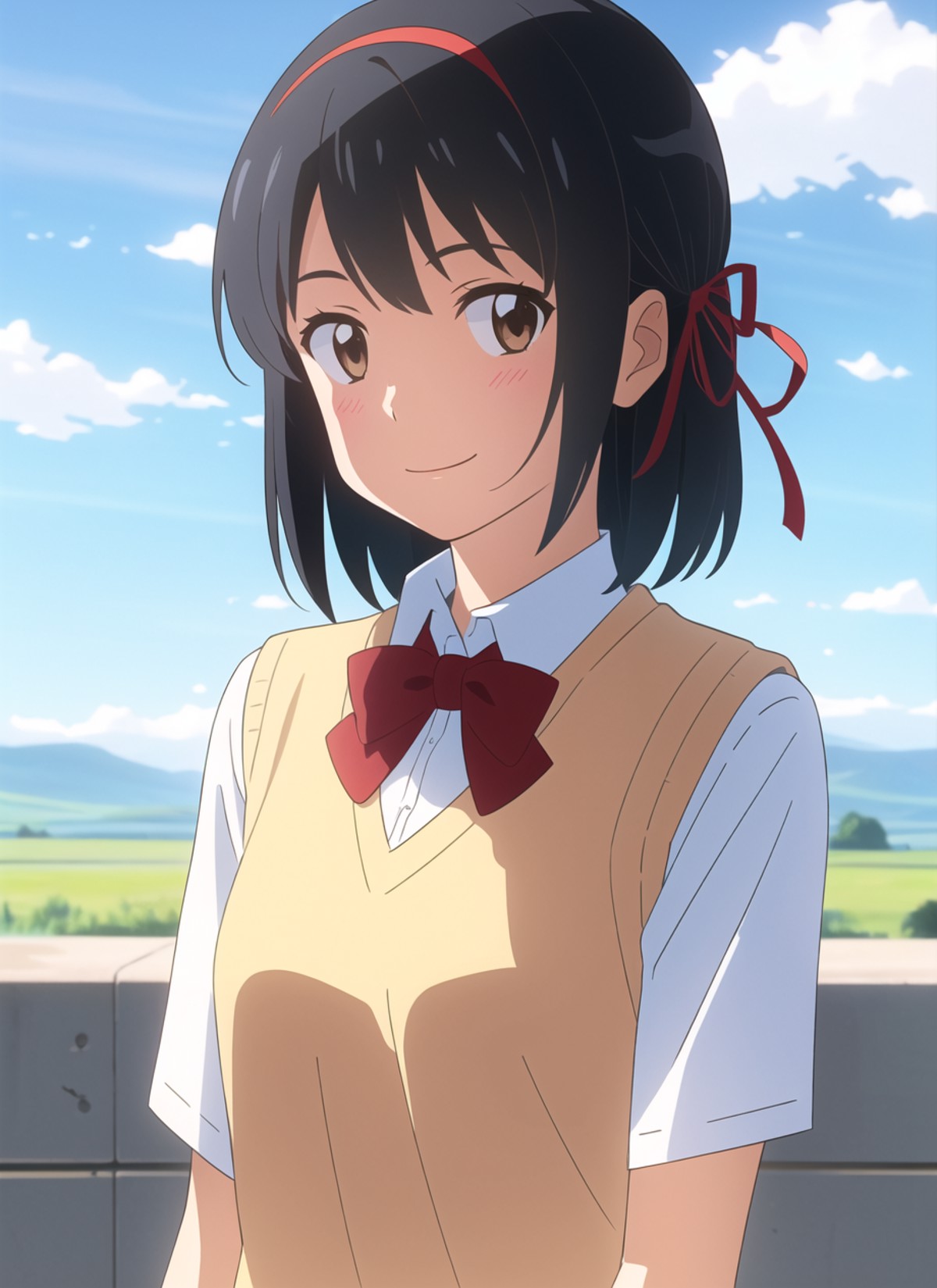 3978516365-3227021174-shinkai makoto, kimi no na wa., 1girl, bangs, black hair, blue sky, blush, bow, bowtie, brown eyes, cloud, collared shirt, hair.png